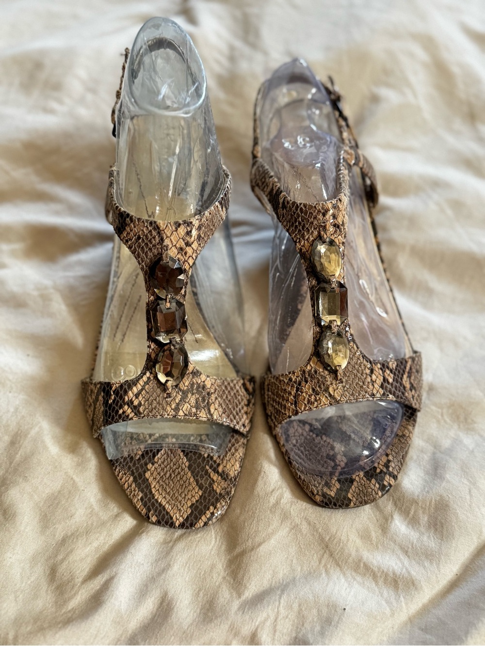 Anne Klein Snake-Print T-Strap Heels with Gem Accents - Brown